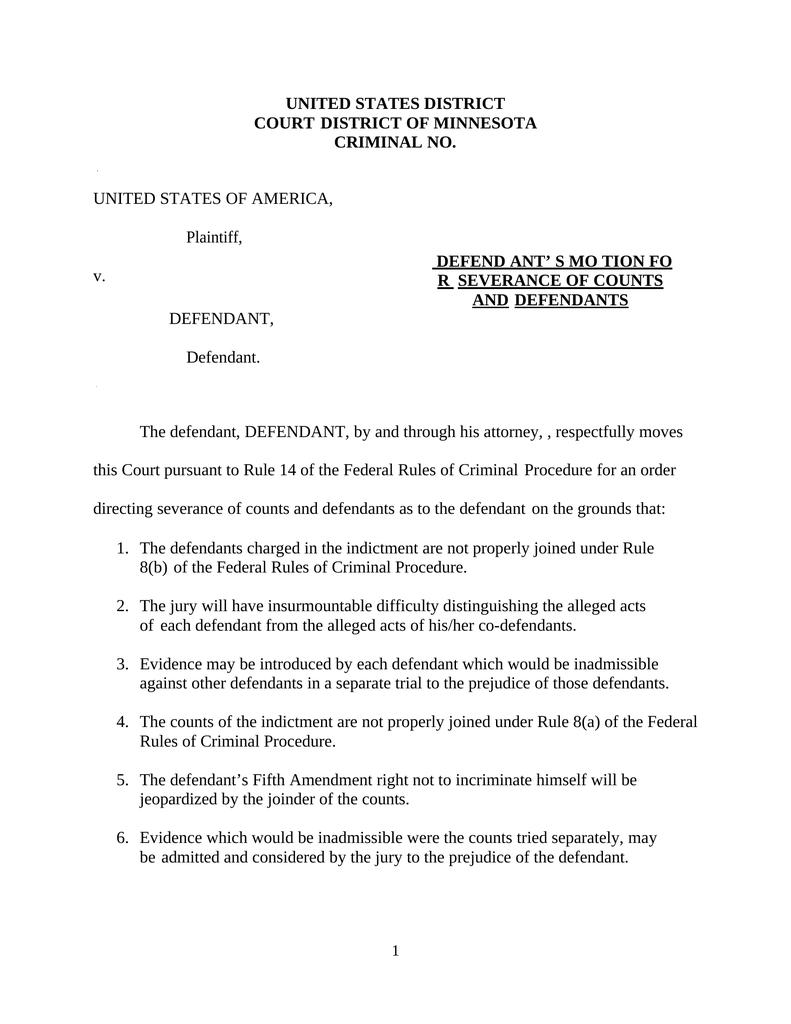 DEFENDANT’S MOTION FOR SEVERANCE OF COUNTS AND DEFENDANTS Attorney Docs