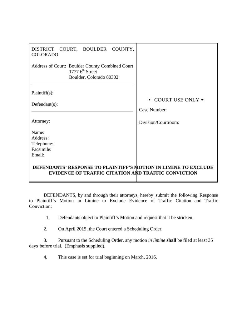 Response to Motion in Limine to Exclude Evidence of Traffic Citation