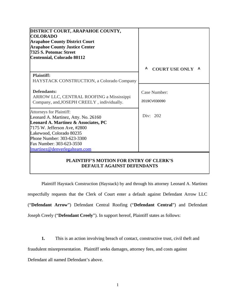 Motion for Clerk to Enter Default Attorney Docs The Legal Document