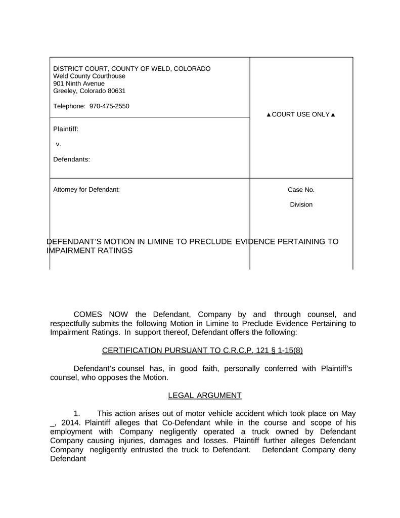 Defendant’s Motion in Limine to Preclude Evidence Pertaining to
