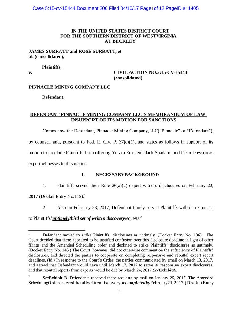Memorandum of Law In Support of Motion for Sanctions West Virginia