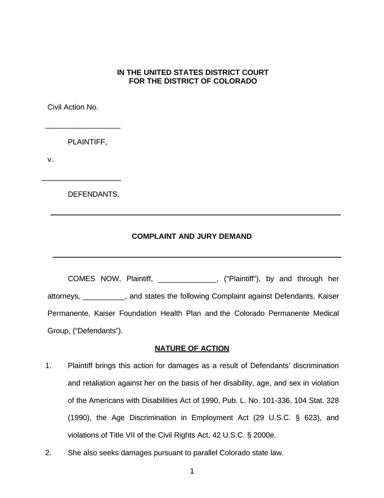 Complaint for ADA and Retailiation Title VII Attorney Docs