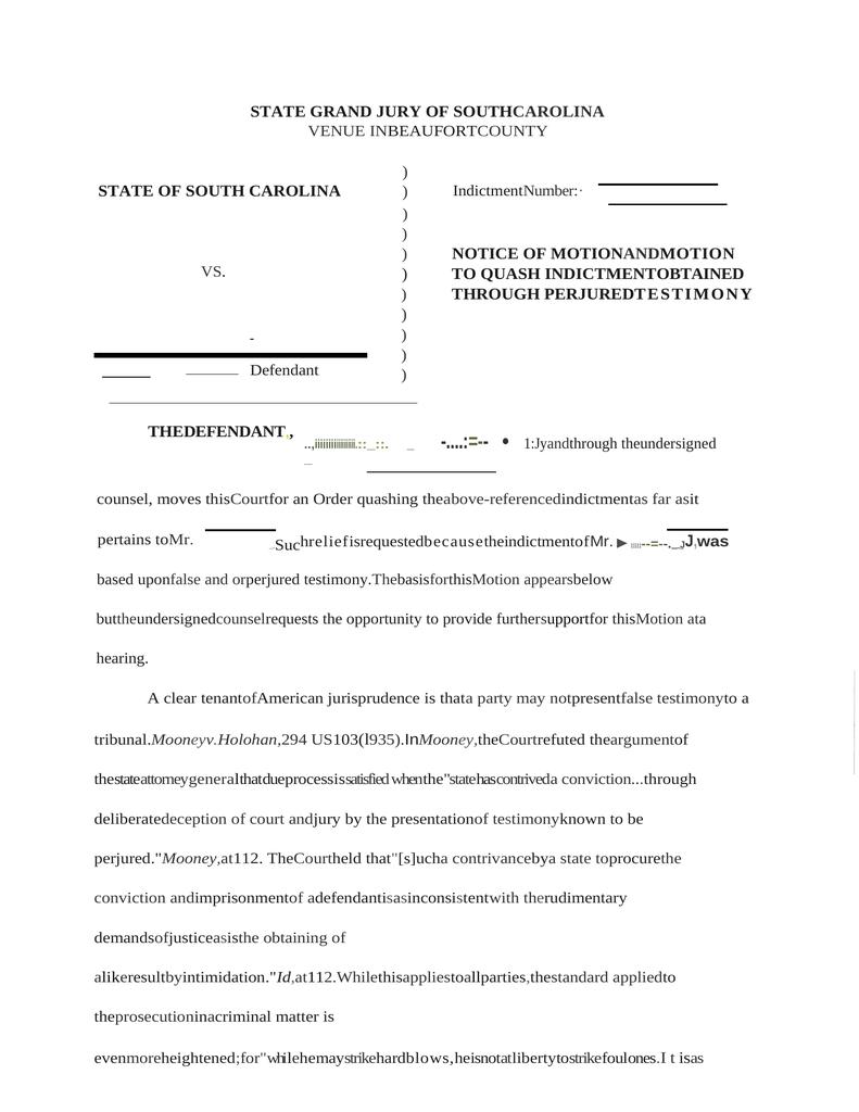 Motion to Quash Indictment Obtained via Perjured Testimony Attorney Docs