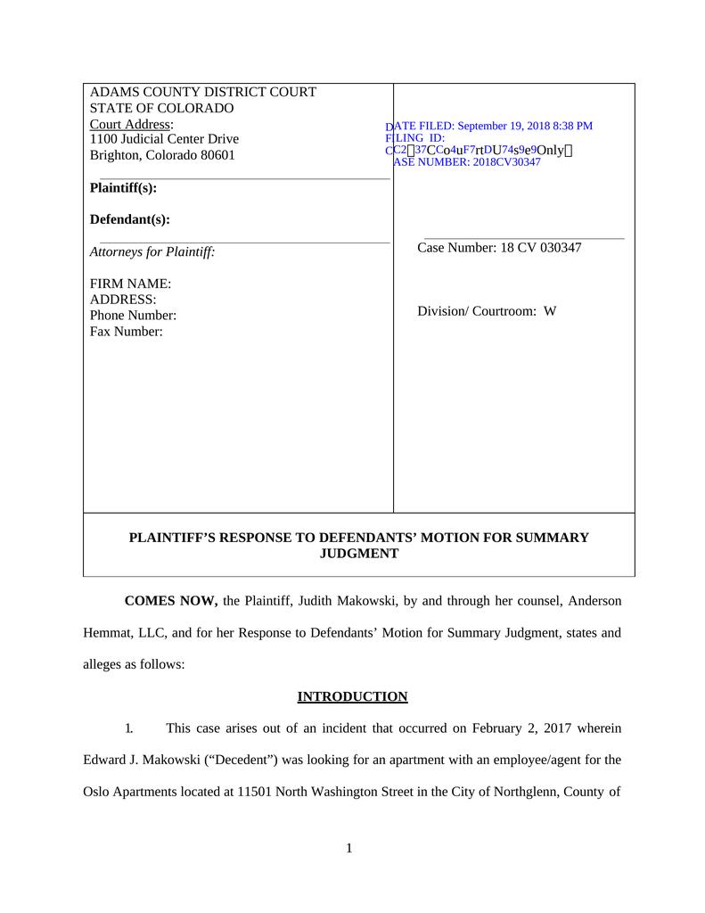 Plaintiff's Response to Defendants' Motion for Summary Judgment Slip