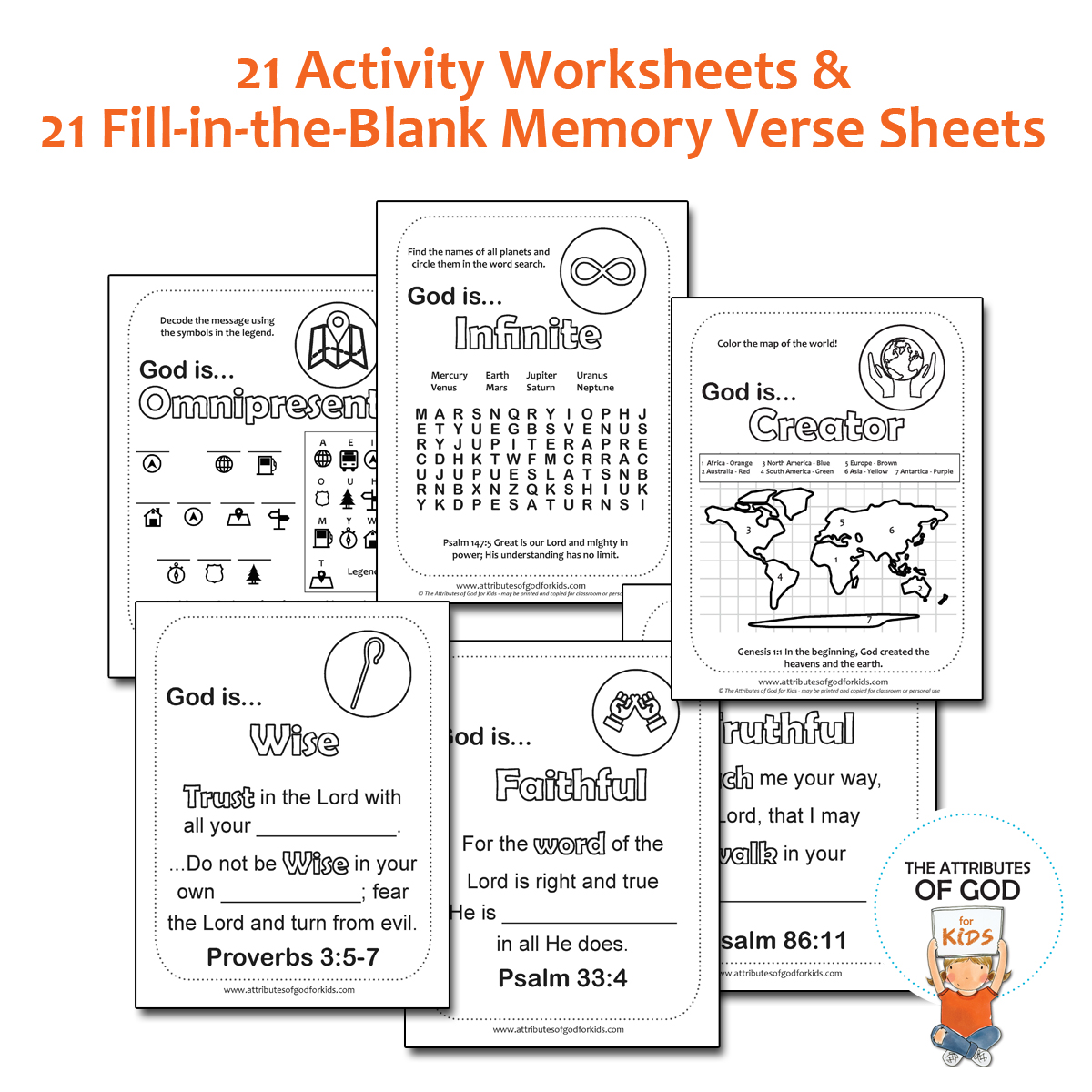 Activity and Memory Verse Worksheets The Attributes of God for Kids