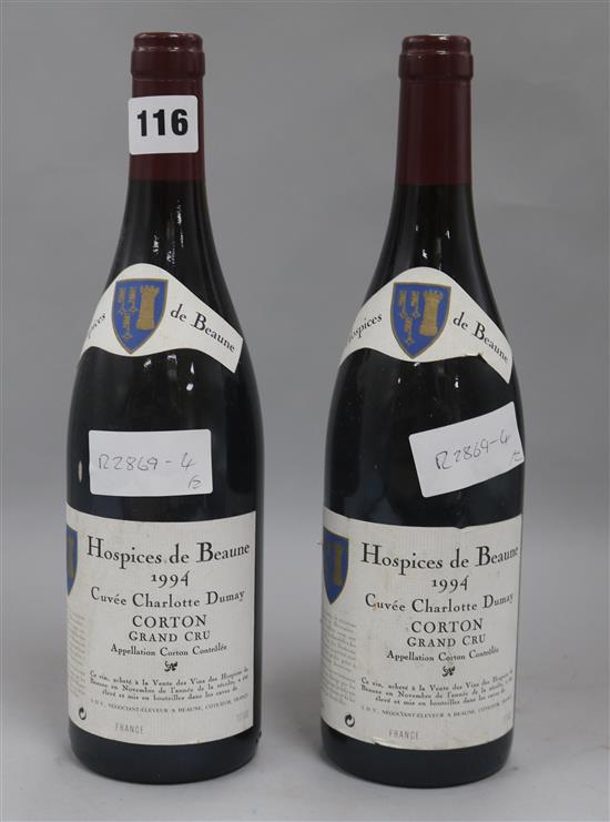 Two bottles of Hospices de Beaune CortonCuvee, Charlotte Dumay, 1994