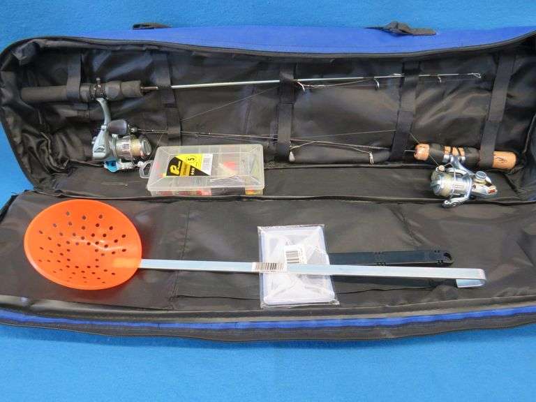 Glacier Bay rod locker. Includes two ice fishing rods and reels, jigging spoons, and more AAA