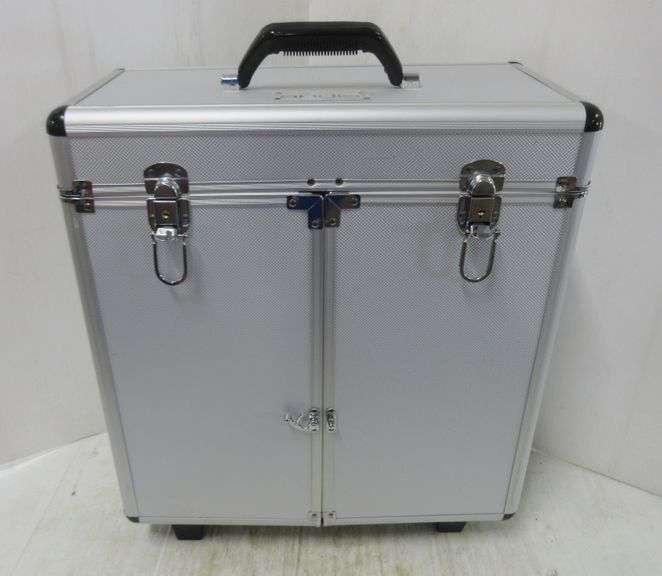 Salesman Sample Case with Retractable Handle, and Roller Wheels, Top and Front Open Albrecht