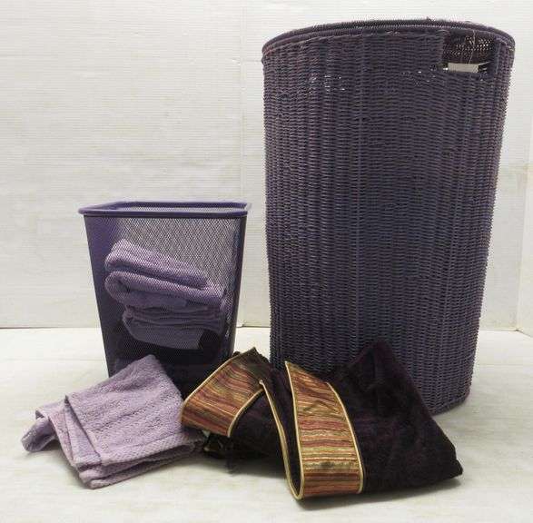 Purple Bathroom Items, Includes Purple Wicker Laundry Basket, Purple