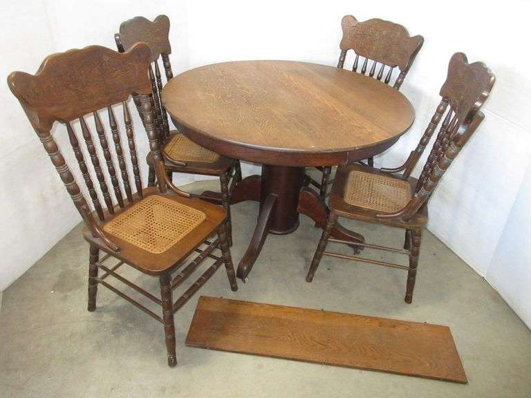Dark Oak Antique Table with Leaf, and (4) Matching Chairs Albrecht