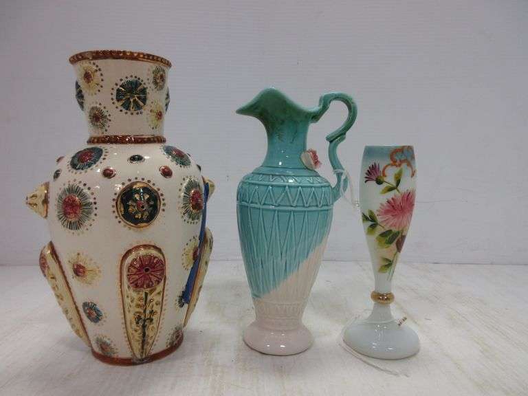 (3) Older Vases, Includes Antique Majolica Pompeii Jeweled Vase, Older