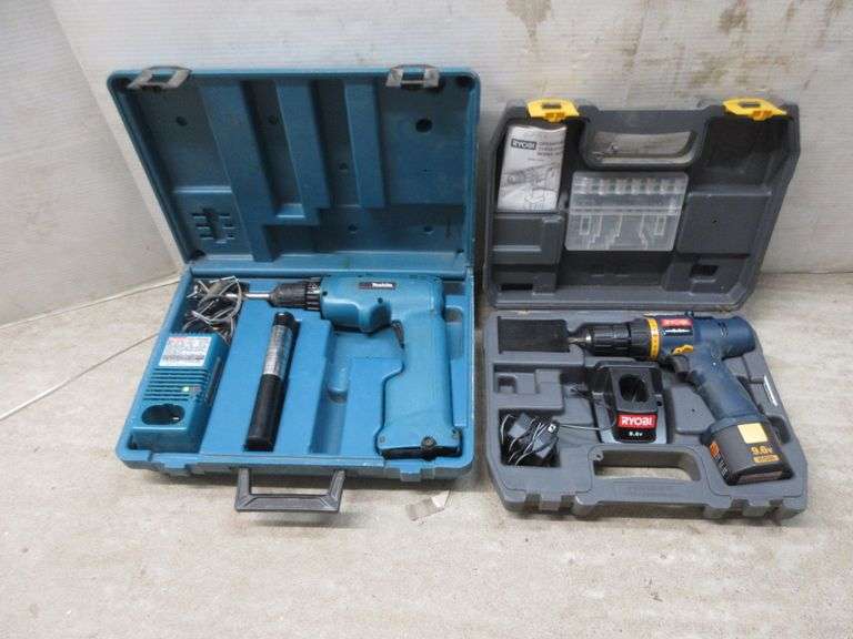 (2) Screw Guns with Cases, Batteries, and Chargers Makita and Ryobi