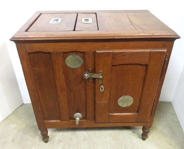 Antique cherry wood ice box, refrigerator/freezer style, one family