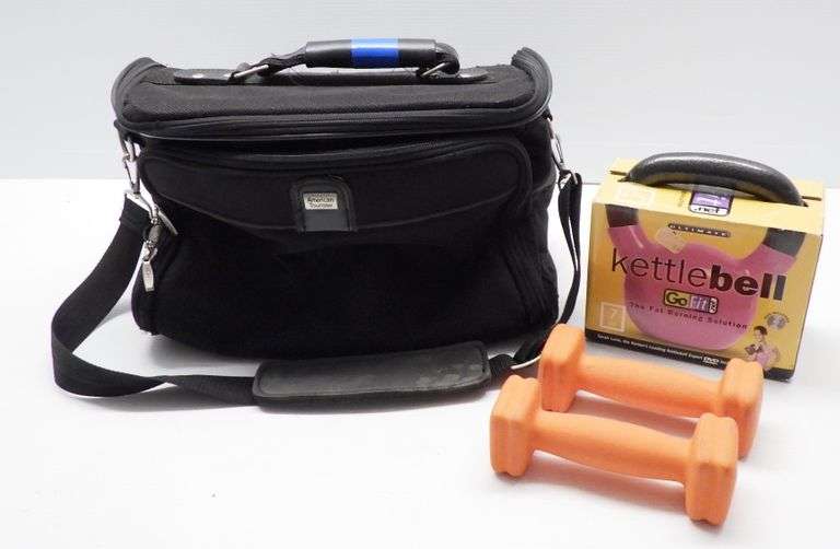 American Tourister travel bag, a 7 lb. kettlebell, and (2) 3 lb. dumbbells, bag 15"W, used