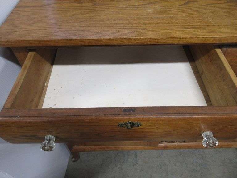 Antique oak buffet, deep carving, glass knobs, 46"W x 19"D x 52"H, one