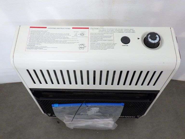 vent free gas wall heater, model No. MD200TBA, stored inside