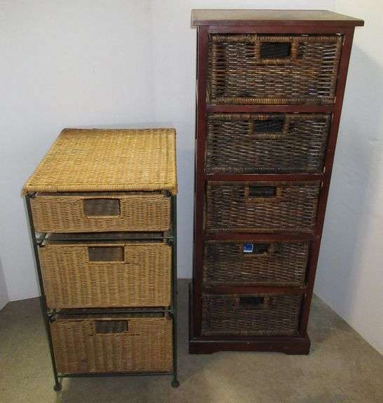 Wood Storage Unit with Wicker Baskets and Metal Storage Unit with