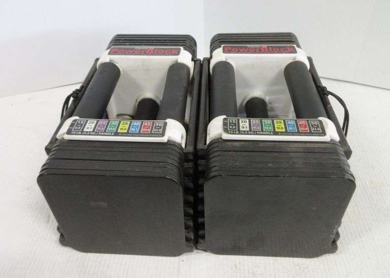 Pair of Classic 50 powerblock interchangeable dumbbells, weight interchanges from 10 lbs. to 50