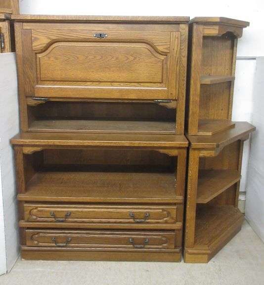 Solid oak drop front desk with two corner shelf units, desk and are seperate, 38"W x 56