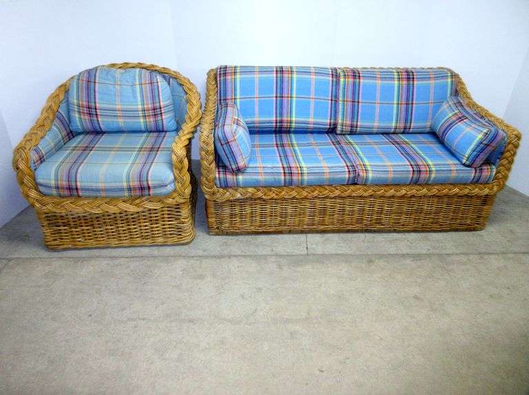 Wicker chair with wicker sofa bed, bed 66"W, chair 32"W, cushions