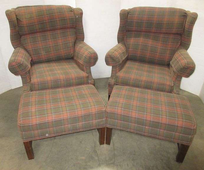 (2) Plaid wingback chairs with matching ottomans, 33"W, good Albrecht