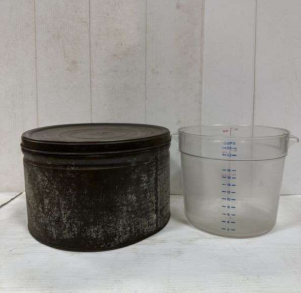 Antique round container, 12"Dia x 8"Hl Large plastic measuring