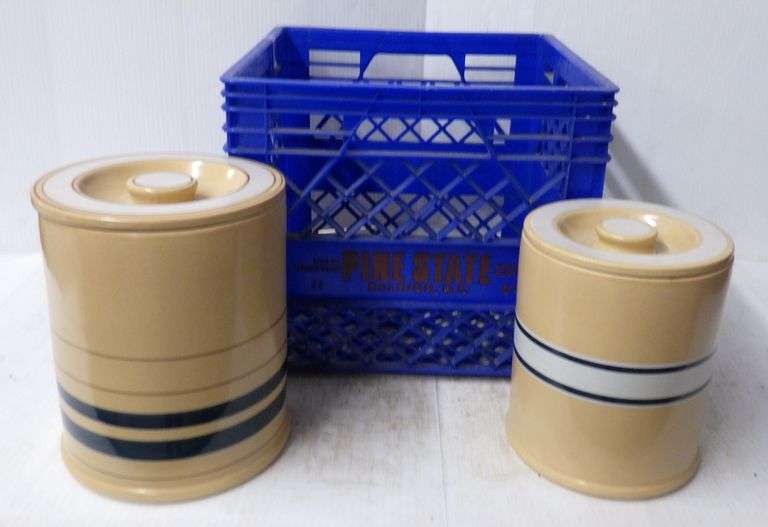 (2) Crocks with lids, over and back yellow ware; Pine state milk crate, Raleigh NC 1991, 13" x