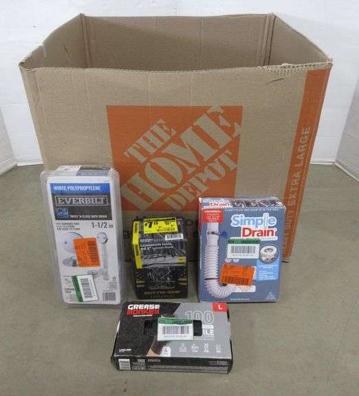 Home Depot items, include Work gloves, nails, plumbing, trimmer string