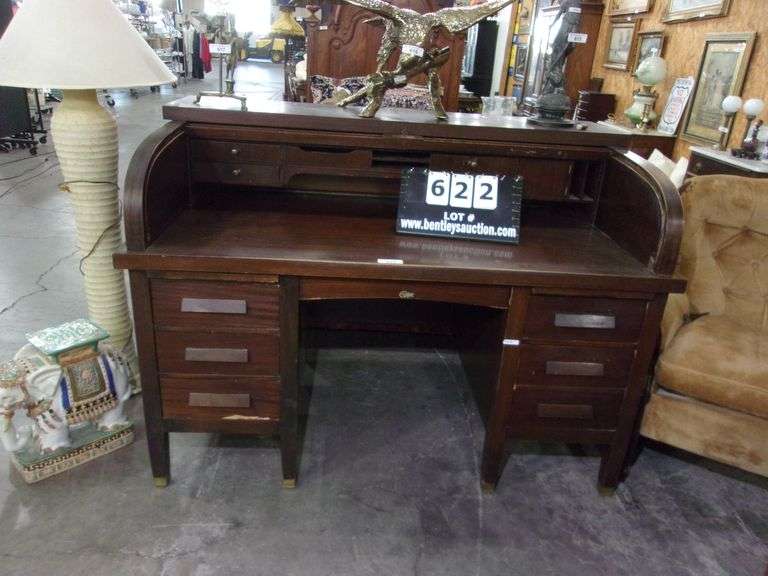 DARK MAHOGANY CUTLER 6DRAWER ROLL TOP DESK MID CENTURY DESIGN "D