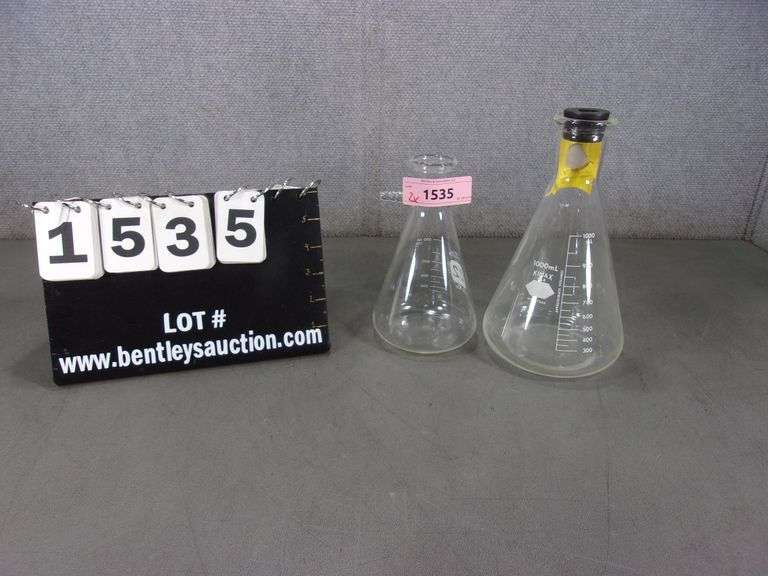 (1) PYREX 500ML ERLENMEYER FILTER FLASK, (1) KIMAX 1000ML ERLENMEYER