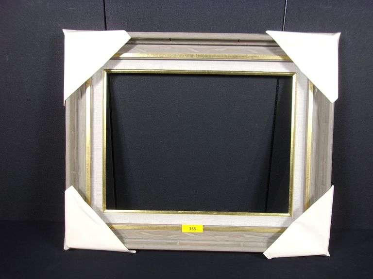 LIGHT BROWN RUSTIC STYLE LARGE WOOD FRAME W/ WHITE LINEN INLAY & GOLD
