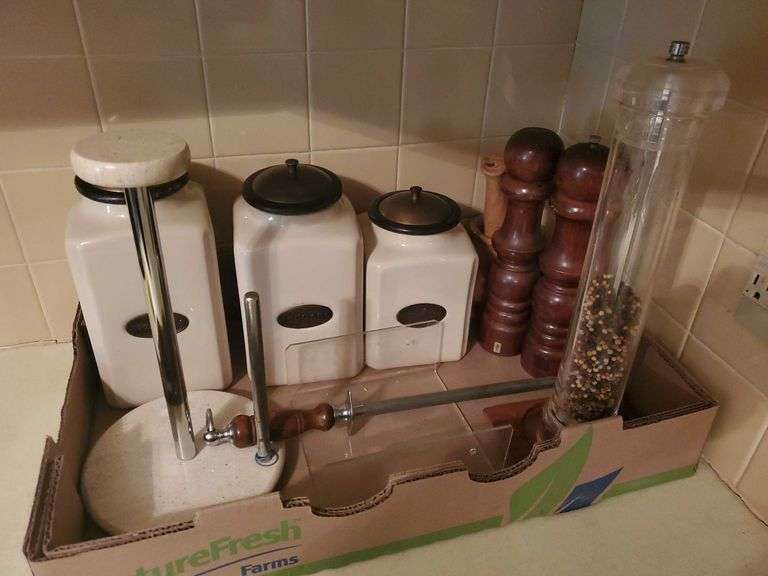 Ceramic canister set, paper towel holder, salt and pepper grinders
