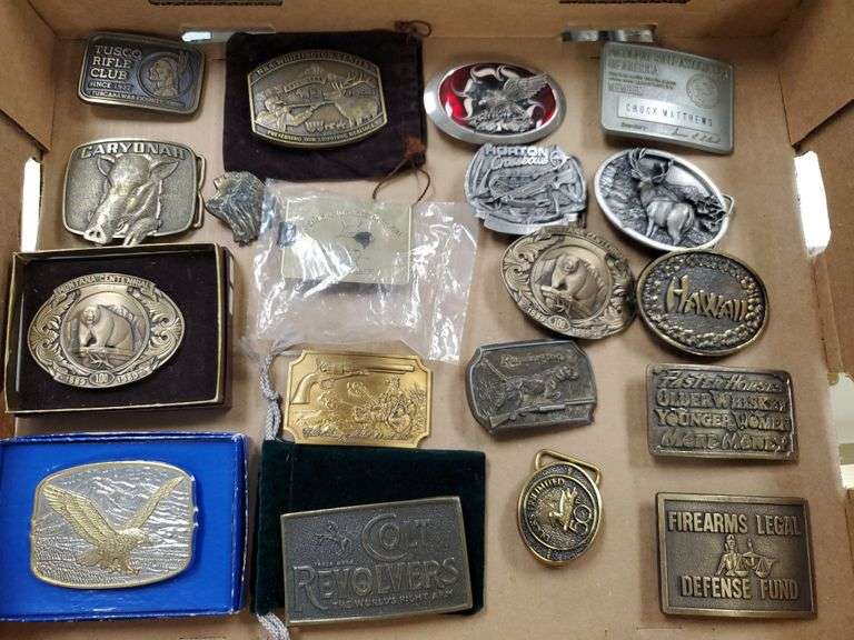 Large group of belt buckles including Colt... Tusco Rifle Club... NRA