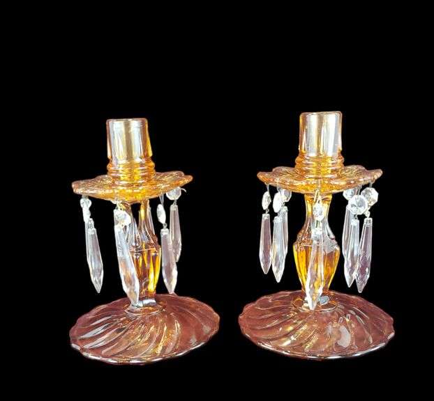 Pair of vintage amber glass candlesticks holders BidAssets Online