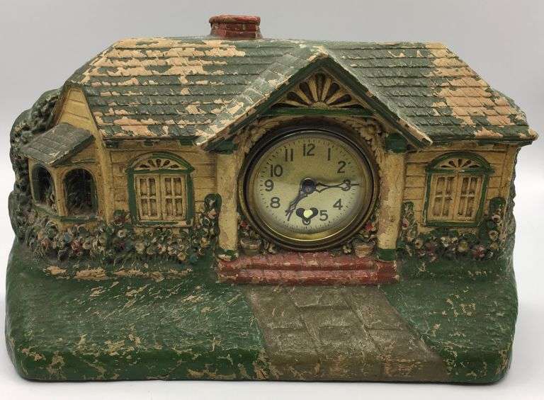 1920s Vintage Bungalow/Summer Cottage House Shaped Mantel Clock by Deluxe / Lux Clock & Mfg Co