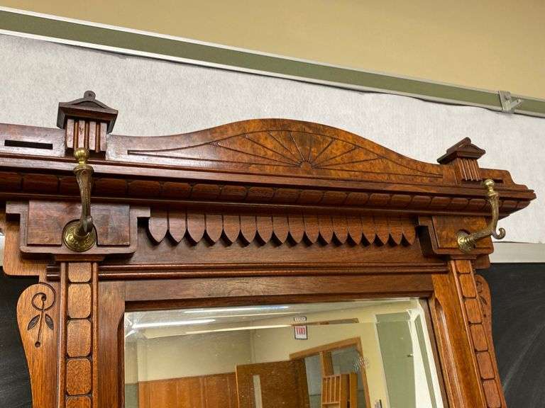 Antique Hall Pier Coat Rack Umbrella Stand Carved Solid Wood Eastlake Marble Surface Brass