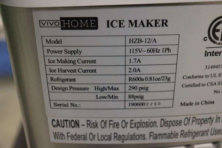 Vivo Home HZB12/A countertop ice maker Backes Commercial Auctioneers