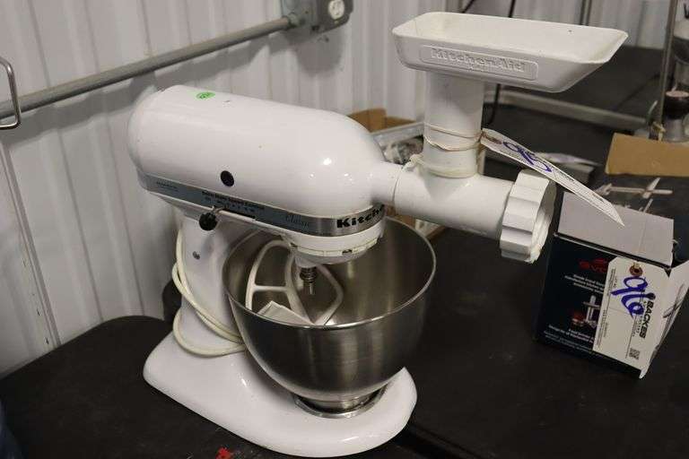 Kitchen Aid K45SS white mixer with bowl, paddle, & food grinder