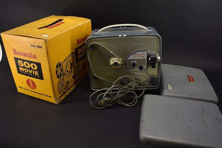Brownie 500 8MM Movie Projector, Radiant Screen and Assorted Film Reels