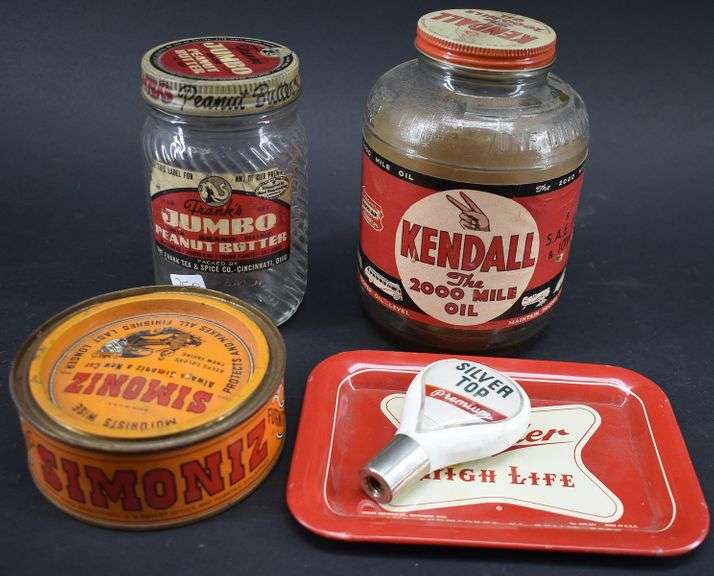 Kendall Motor Oil Jar, Jumbo Peanut Butter Jar, Zimoniz Can, Silver Top