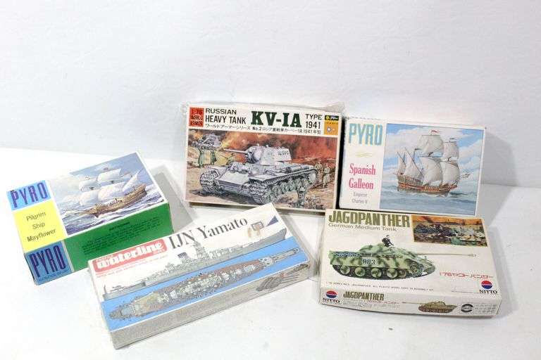 Collection of Vintage Model Kits Ships and Military Vehicles
