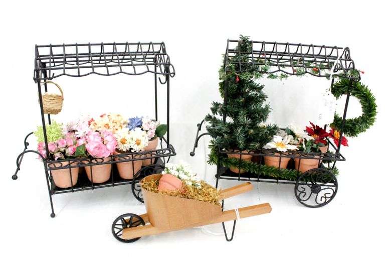 Byers' Choice flower carts and wheelbarrow. Bunting Online Auctions