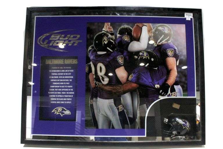 Baltimore Ravens Bud Light shadowbox mirror sign. 34"x26", (helmet in