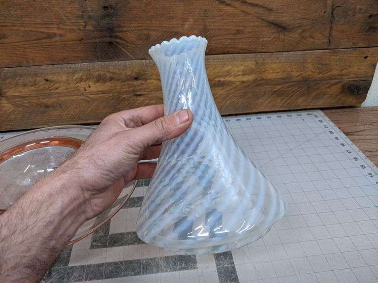 Pink Depression Glass Compote and Opalescent Art Glass Lamp Shade Bid