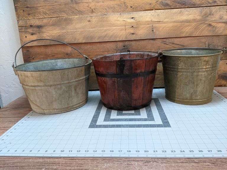 3 Buckets. 2 Metal, 1 Wooden Bid On Estates Auction Services