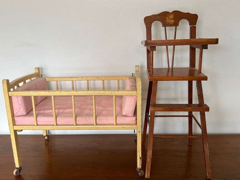 Wooden Doll Bed and High Chair Colorado Premier Realty & Auction Services