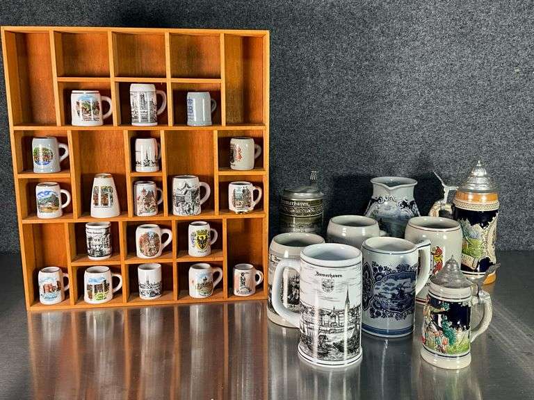 Large Lot of Assorted Sized Beer Steins with Wooden Display Shelf Coastal Downsizing LLC