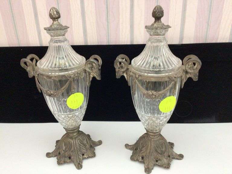 PAIR OF ORNATE BRASS AND GLASS URN VASE WITH LIDS RAM'S HEAD Currie