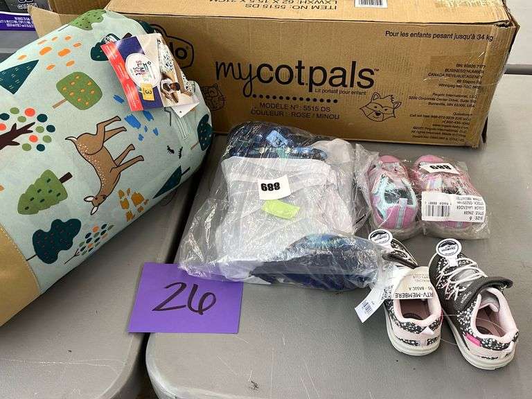 5PC KIDS LOT SLUMBER SET, SHOES & COT Earl's Auction Company