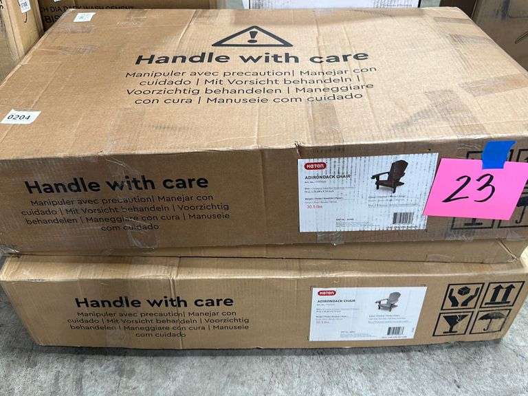 (2) KETER ADIRONDACK CHAIRS IN BOX BROWN & GREY Earl's Auction Company